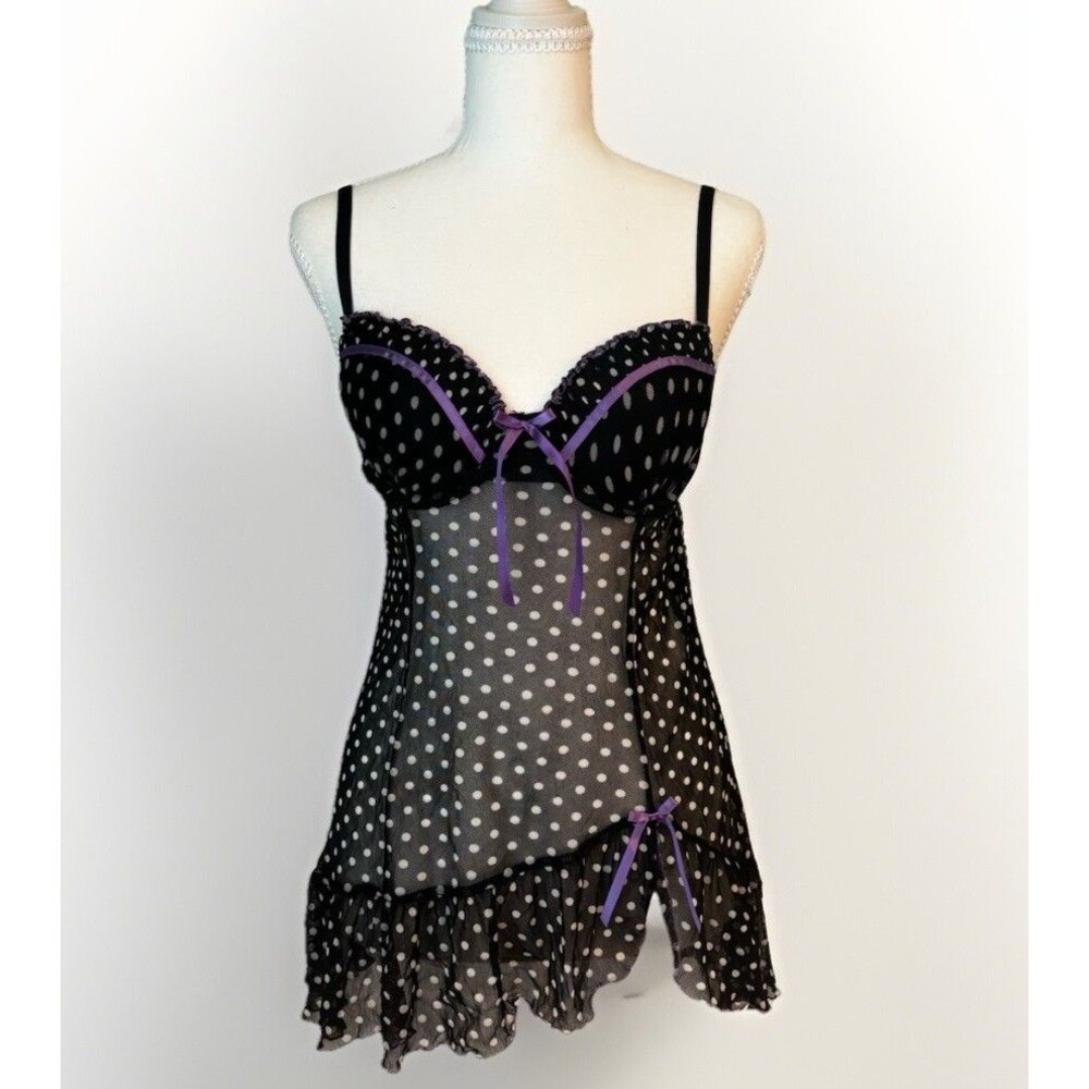 Y2K Coquette Polka Dot Mesh Babydoll Chemise Sheer Pinup Lingerie Top Medium